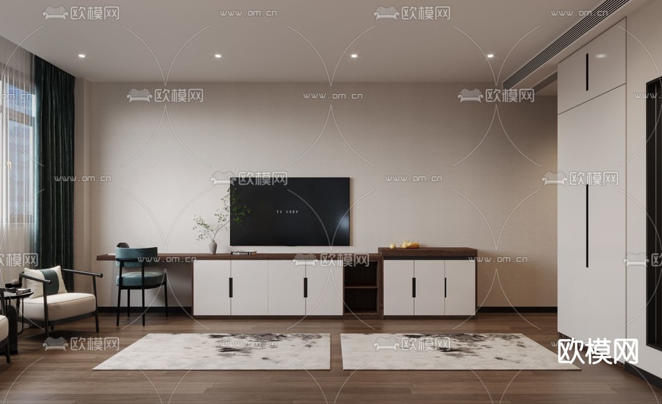 新中式酒店客房 双床房3d模型下载(渲染图2)