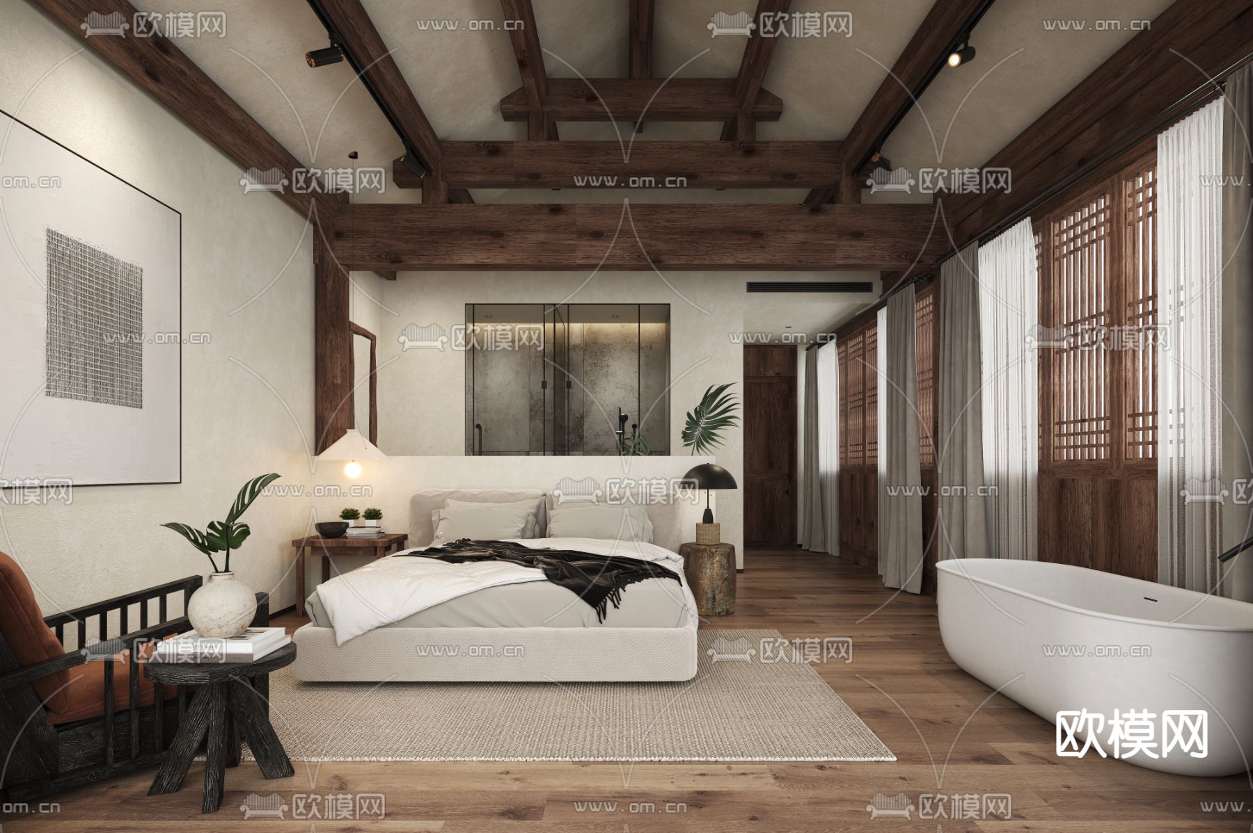 侘寂民宿 卧室3d模型下载（渲染图2）