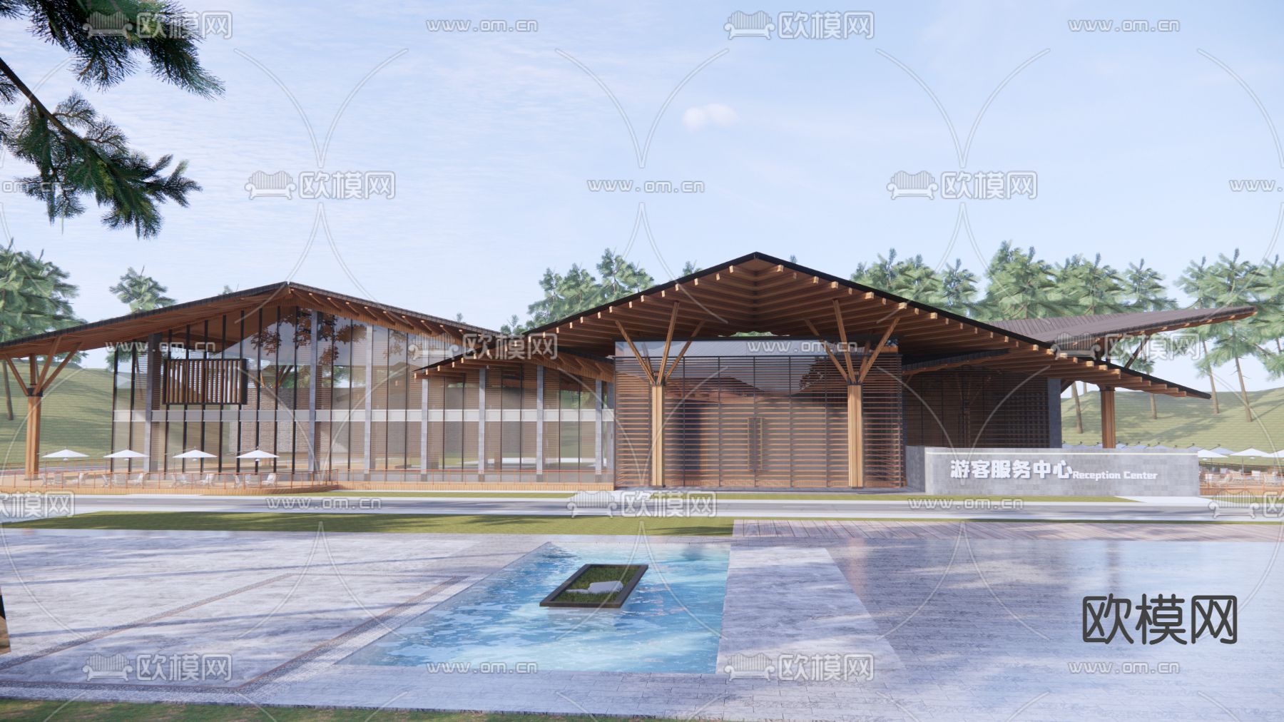 现代会所建筑 游客中心su模型下载（渲染图1）