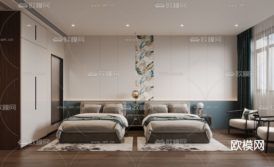 新中式酒店客房 双床房3d模型下载(渲染图1)