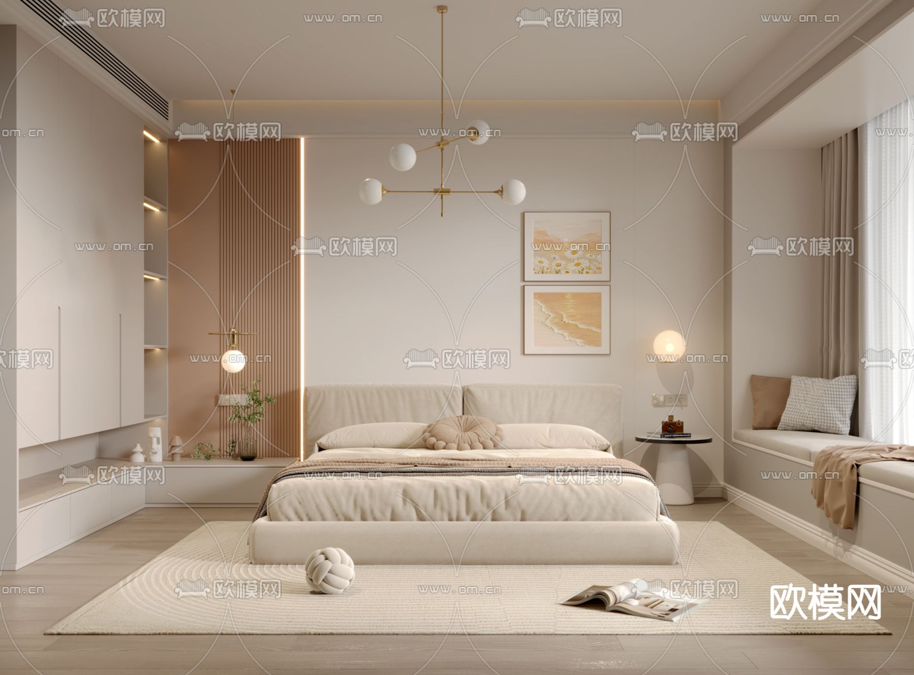 奶油风卧室 主卧3d模型下载（渲染图1）