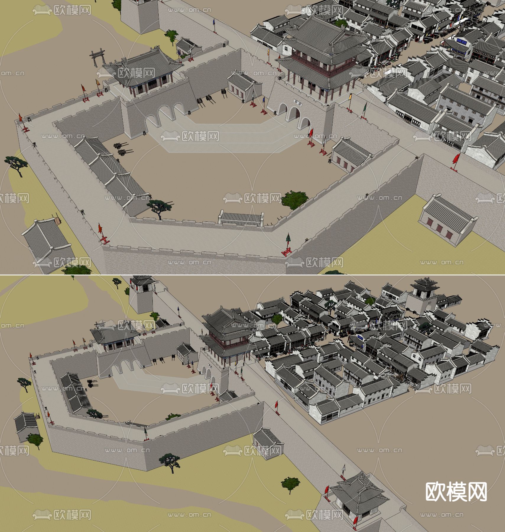 中式古建影视基地老街su模型下载（渲染图3）