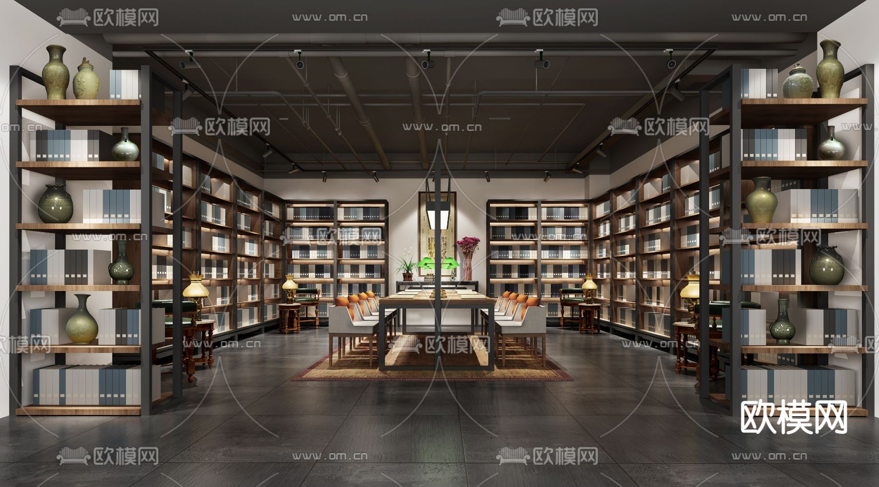 新中式图书馆su模型下载（渲染图1）