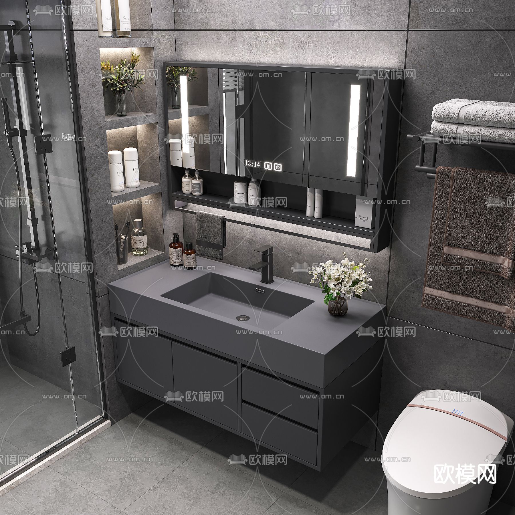高级灰浴室柜 洗手台3d模型下载