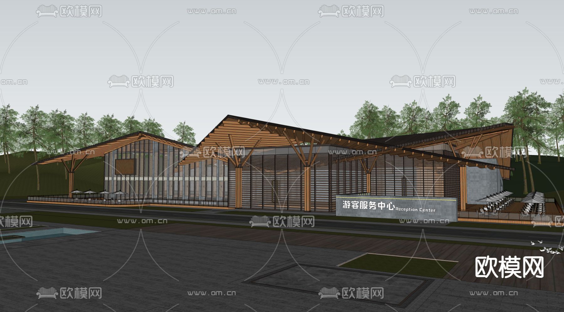 现代会所建筑 游客中心su模型下载（渲染图2）
