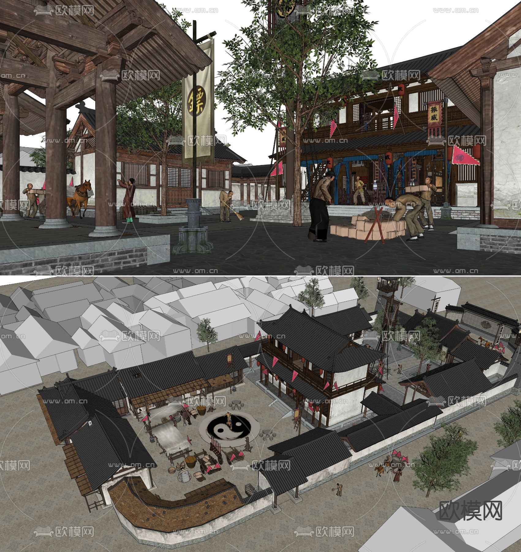 中式古建影视基地集市老街su模型下载（渲染图2）