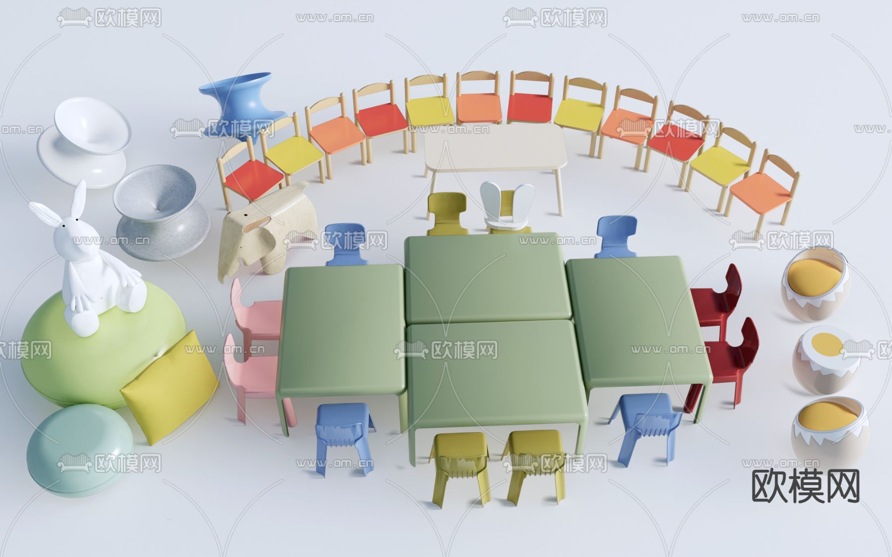 现代儿童桌椅su模型下载（渲染图1）