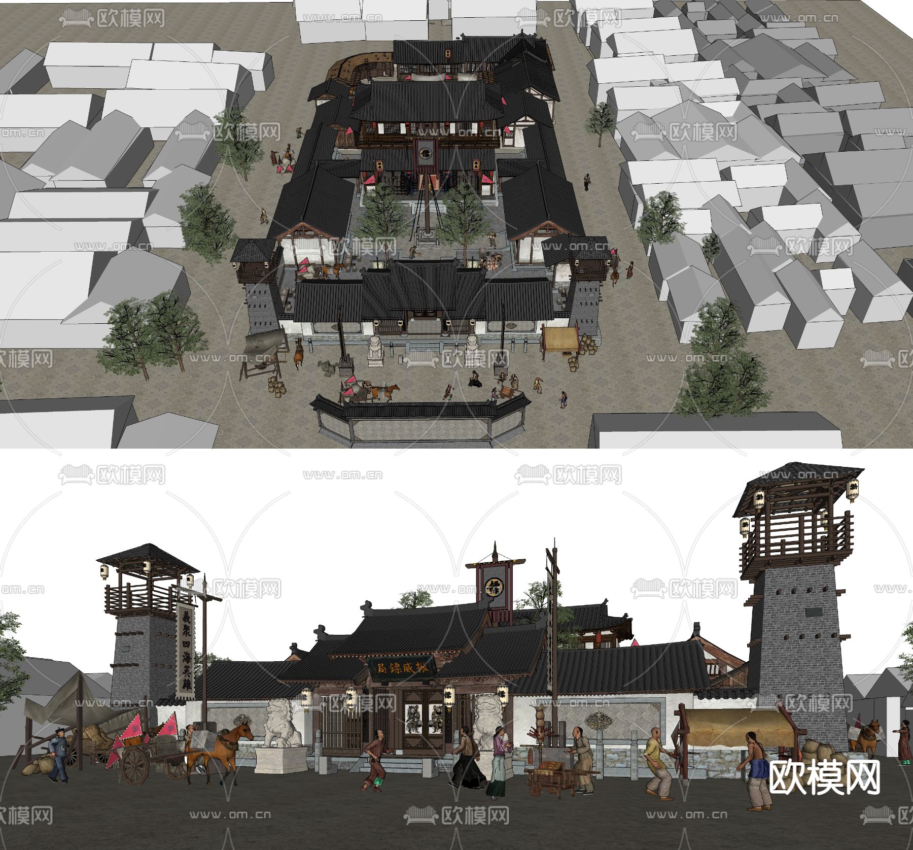 中式古建影视基地集市老街su模型下载（渲染图4）