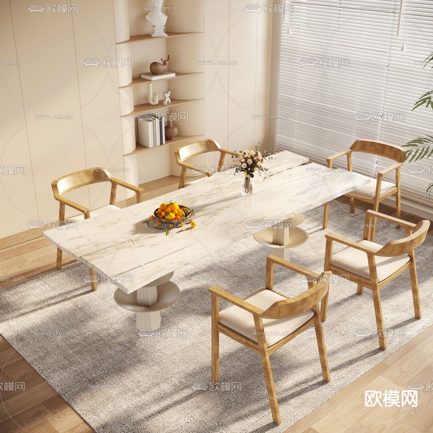 奶油风餐桌椅3d模型下载