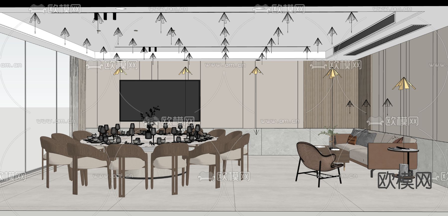 现代餐厅包间 包厢su模型下载（渲染图2）