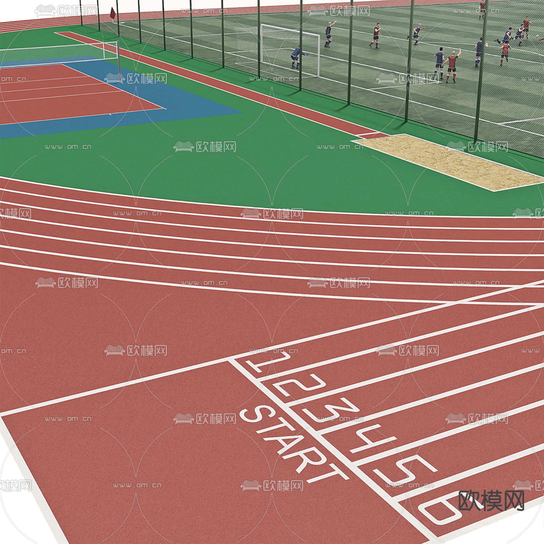 足球场 运动场 跑道3d模型下载（渲染图2）