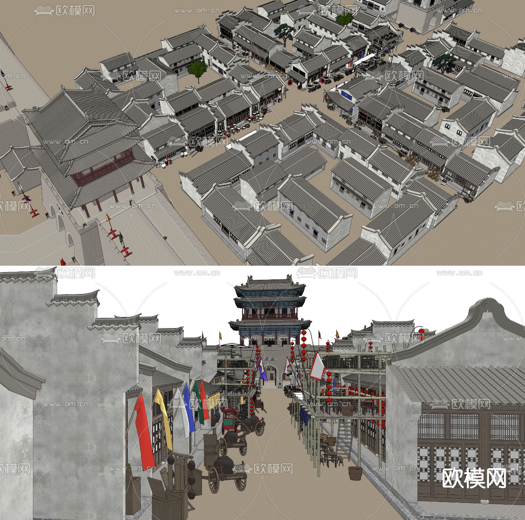 中式古建影视基地老街su模型下载（渲染图2）