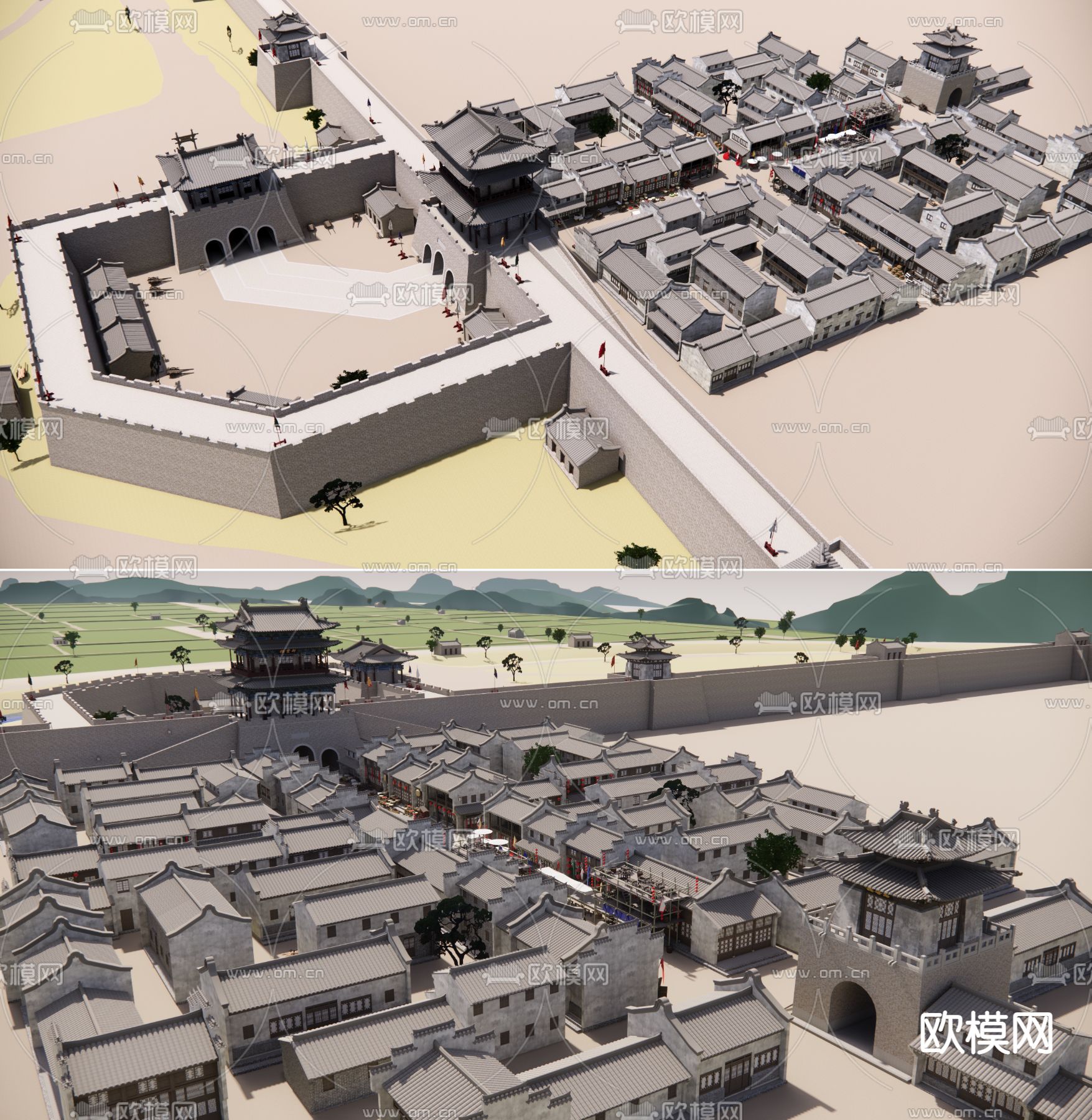 中式古建影视基地老街su模型下载（渲染图1）