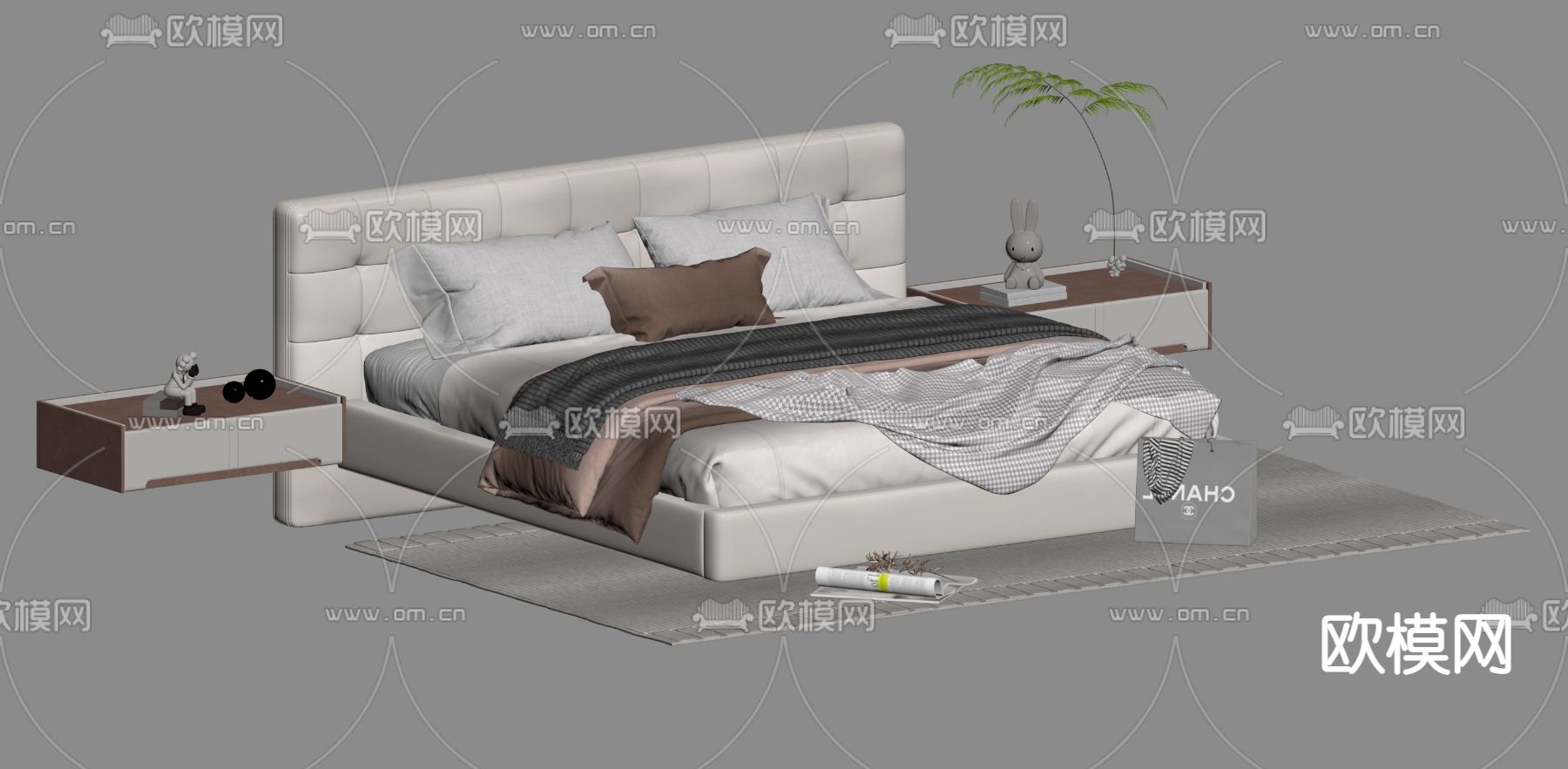 现代布艺双人床su模型下载（渲染图2）