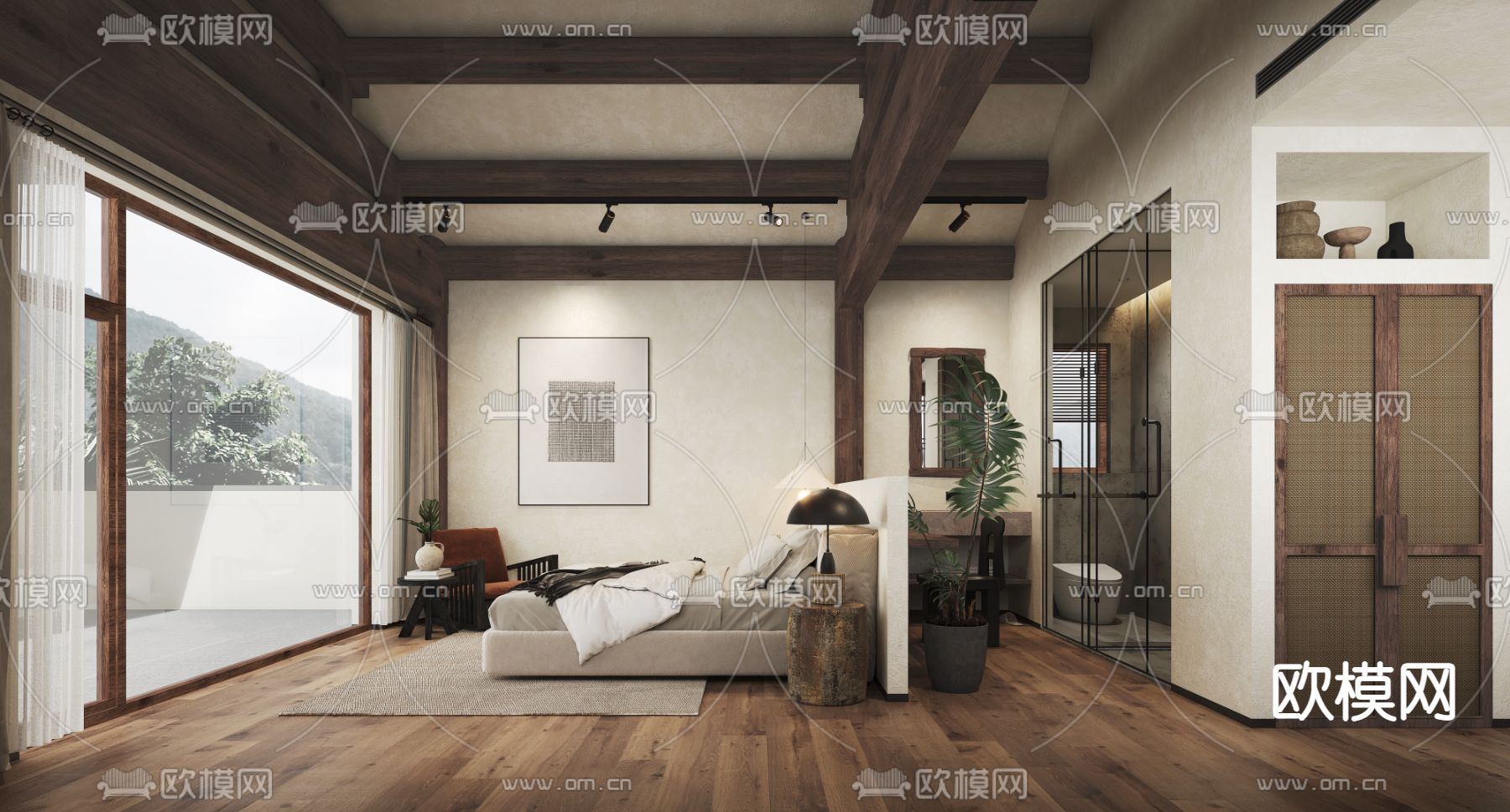 侘寂民宿 卧室3d模型下载（渲染图1）