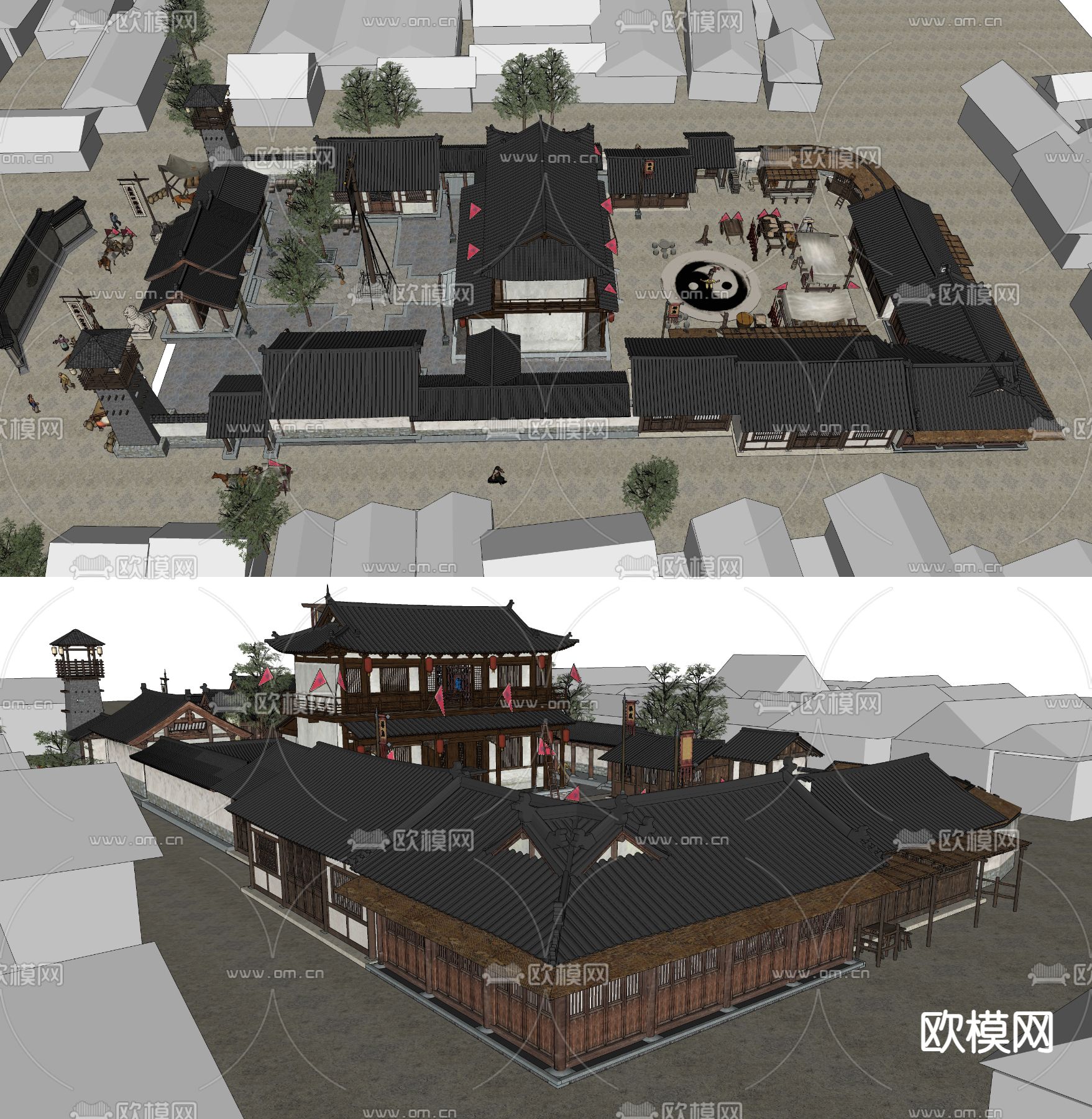 中式古建影视基地集市老街su模型下载（渲染图3）