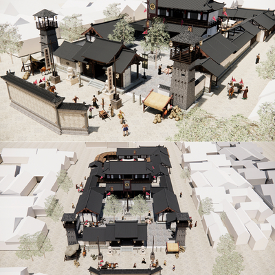  中式古建影视基地集市老街su模型 