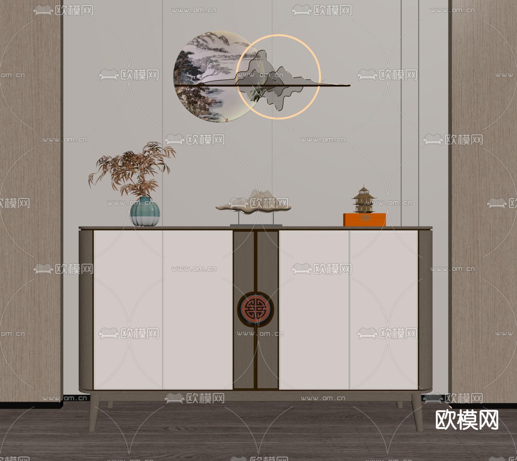 新中式玄关柜su模型下载（渲染图2）