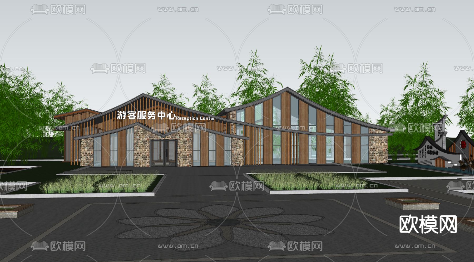 新中式游客中心 展览馆su模型