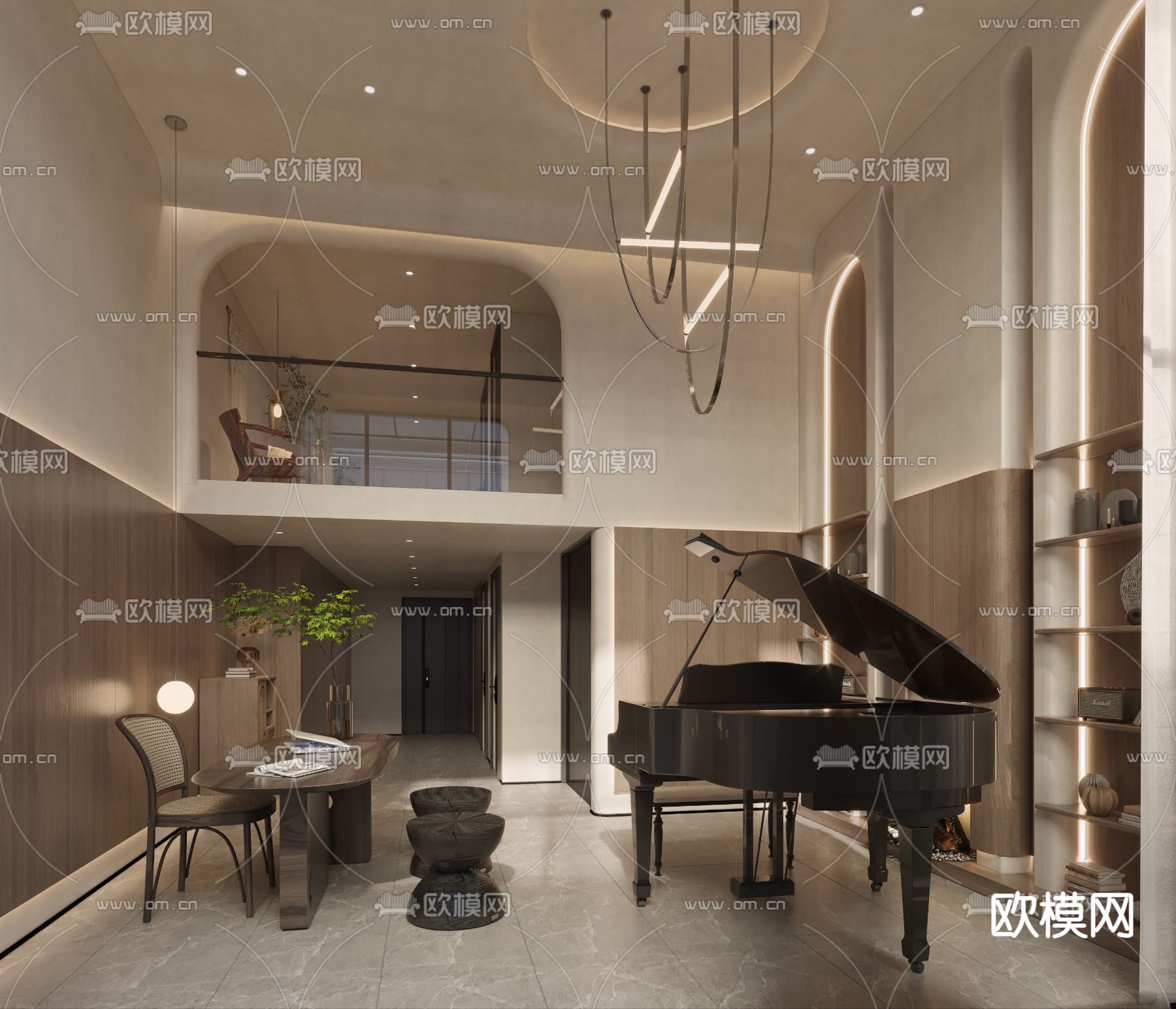 侘寂别墅大堂3d模型下载（渲染图1）