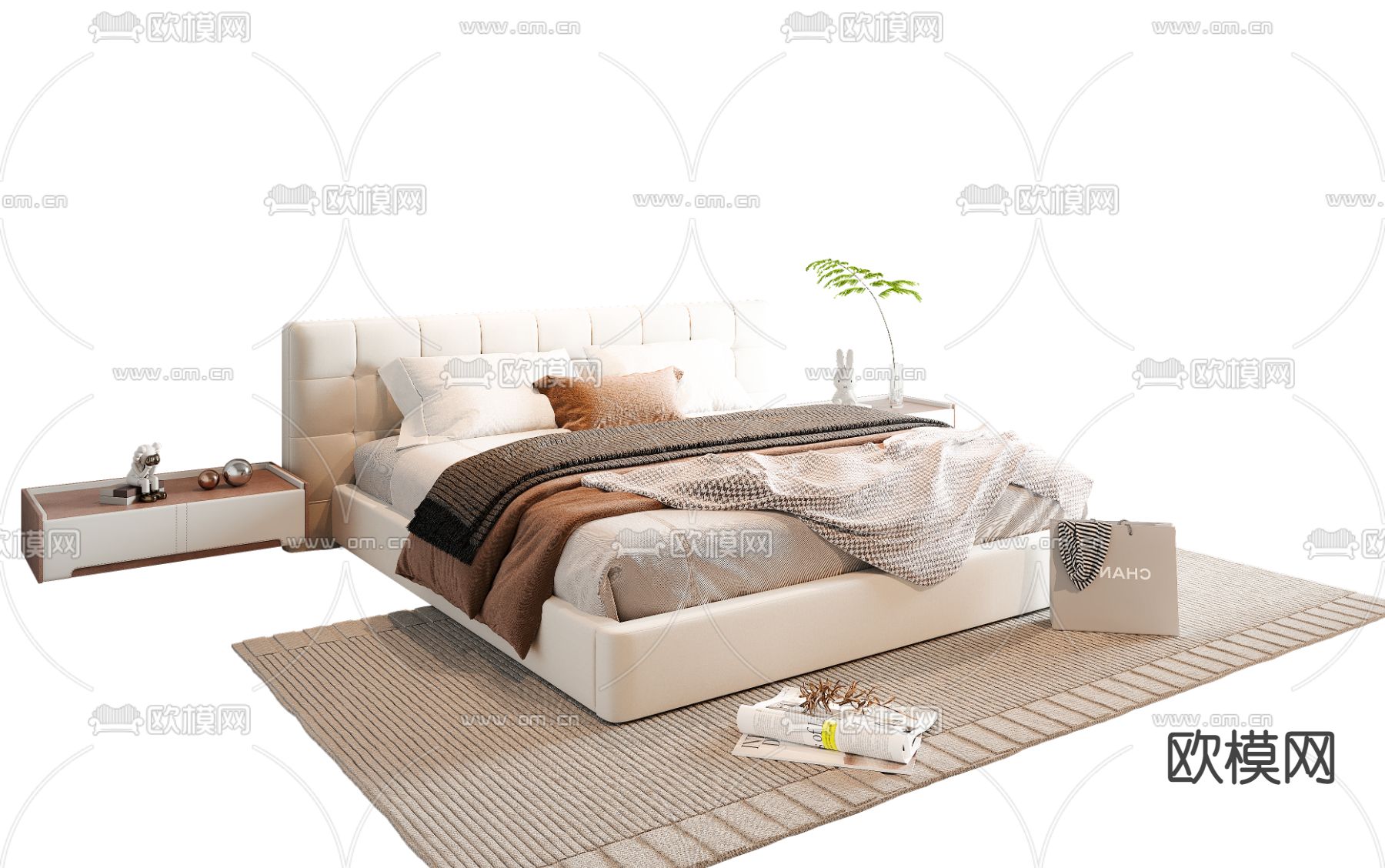 现代布艺双人床su模型下载（渲染图1）