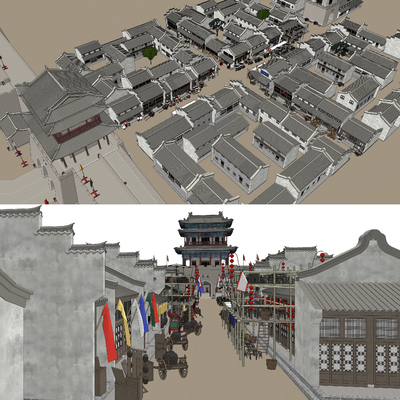  中式古建影视基地老街su模型 