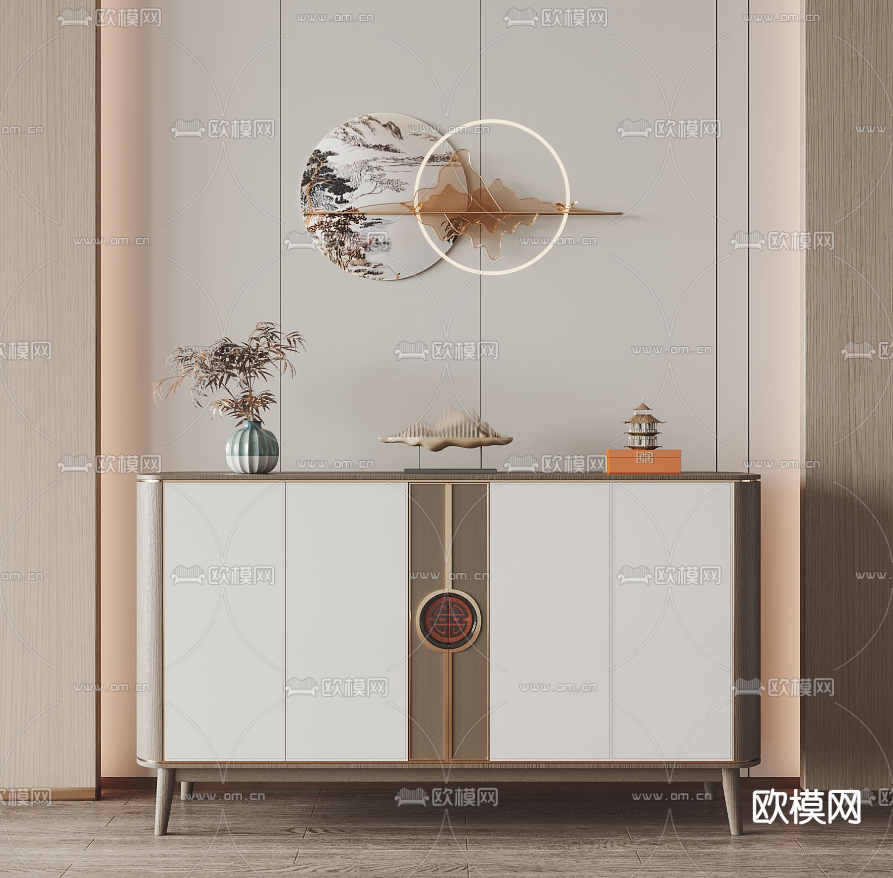 新中式玄关柜su模型下载（渲染图1）