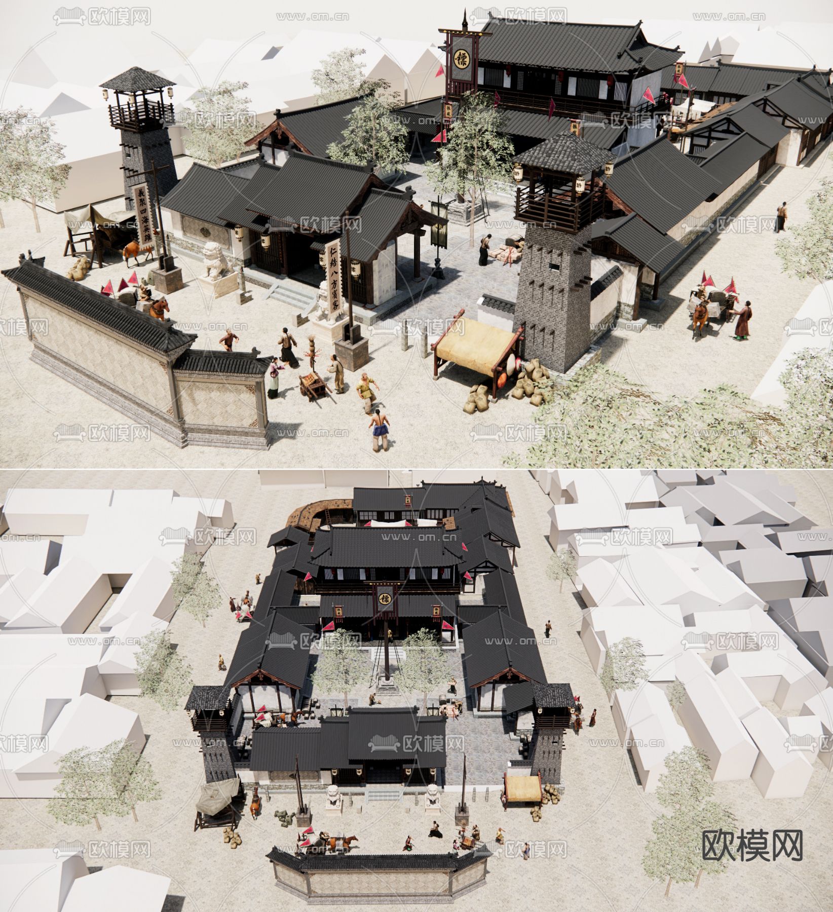 中式古建影视基地集市老街su模型下载（渲染图1）