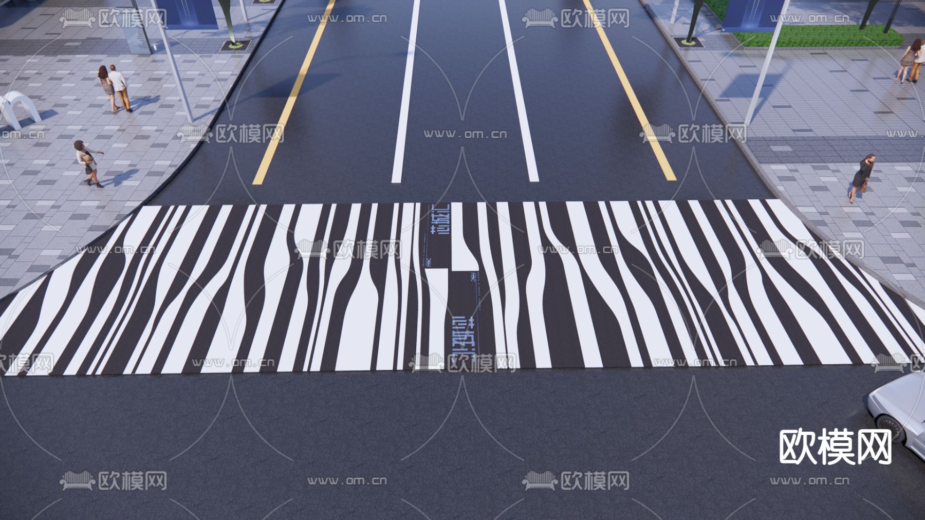 现代市政道路标线铺装斑马线su模型下载（渲染图1）