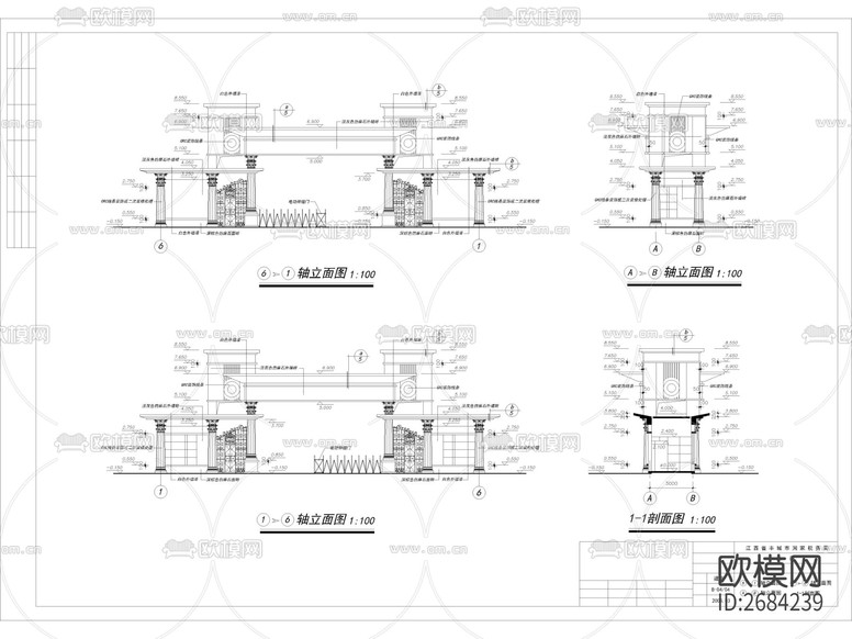 入口大門建筑cad施工圖下載(渲染圖1)