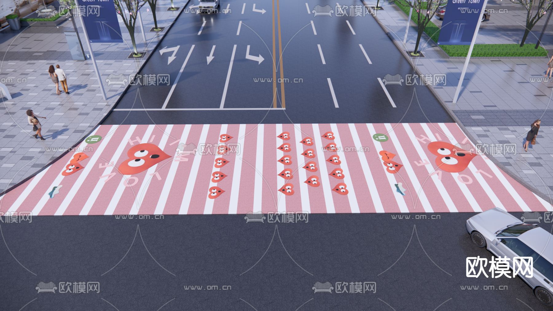 现代市政道路标线铺装斑马线su模型下载（渲染图1）