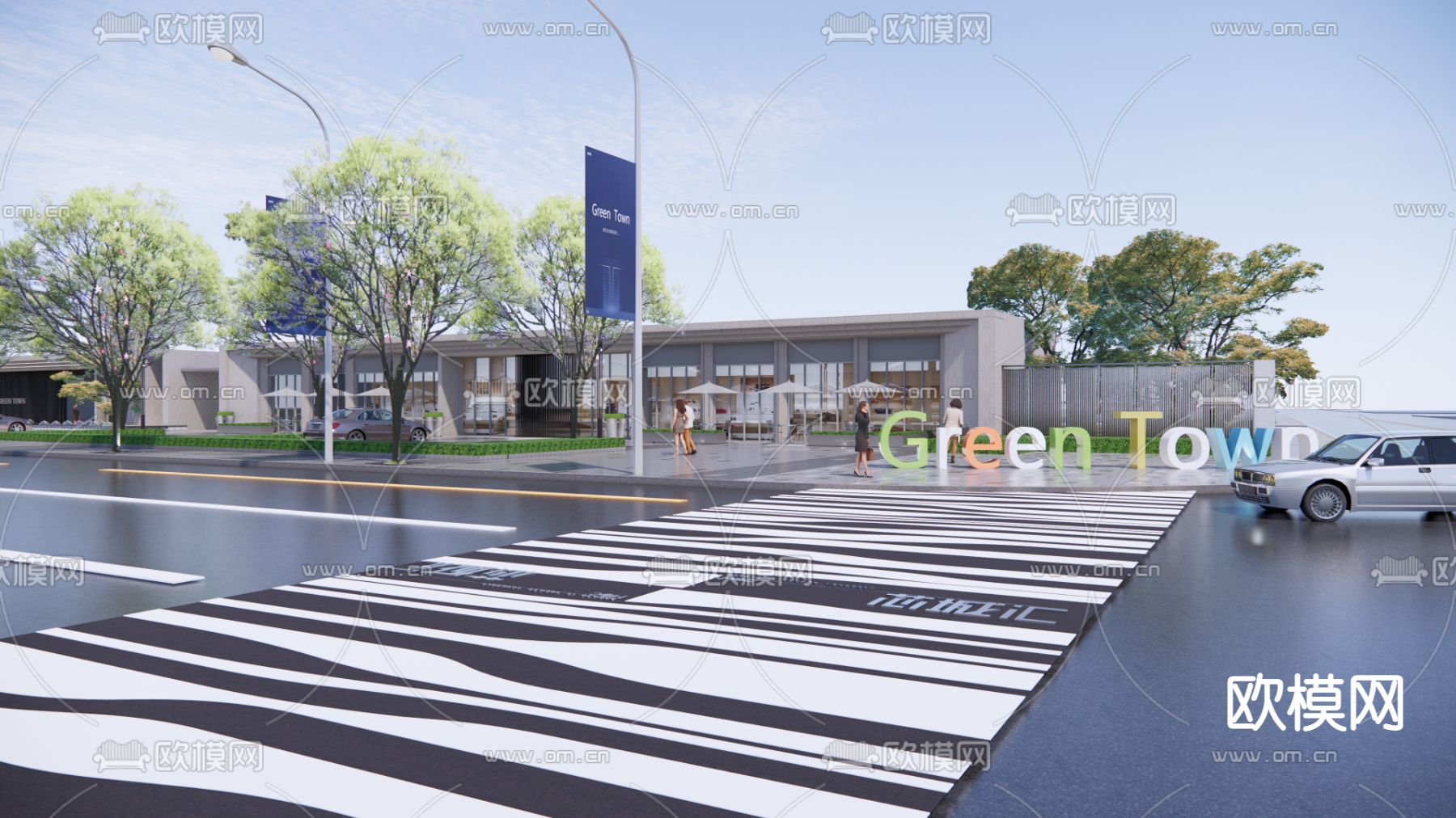 现代市政道路标线铺装斑马线su模型下载（渲染图2）