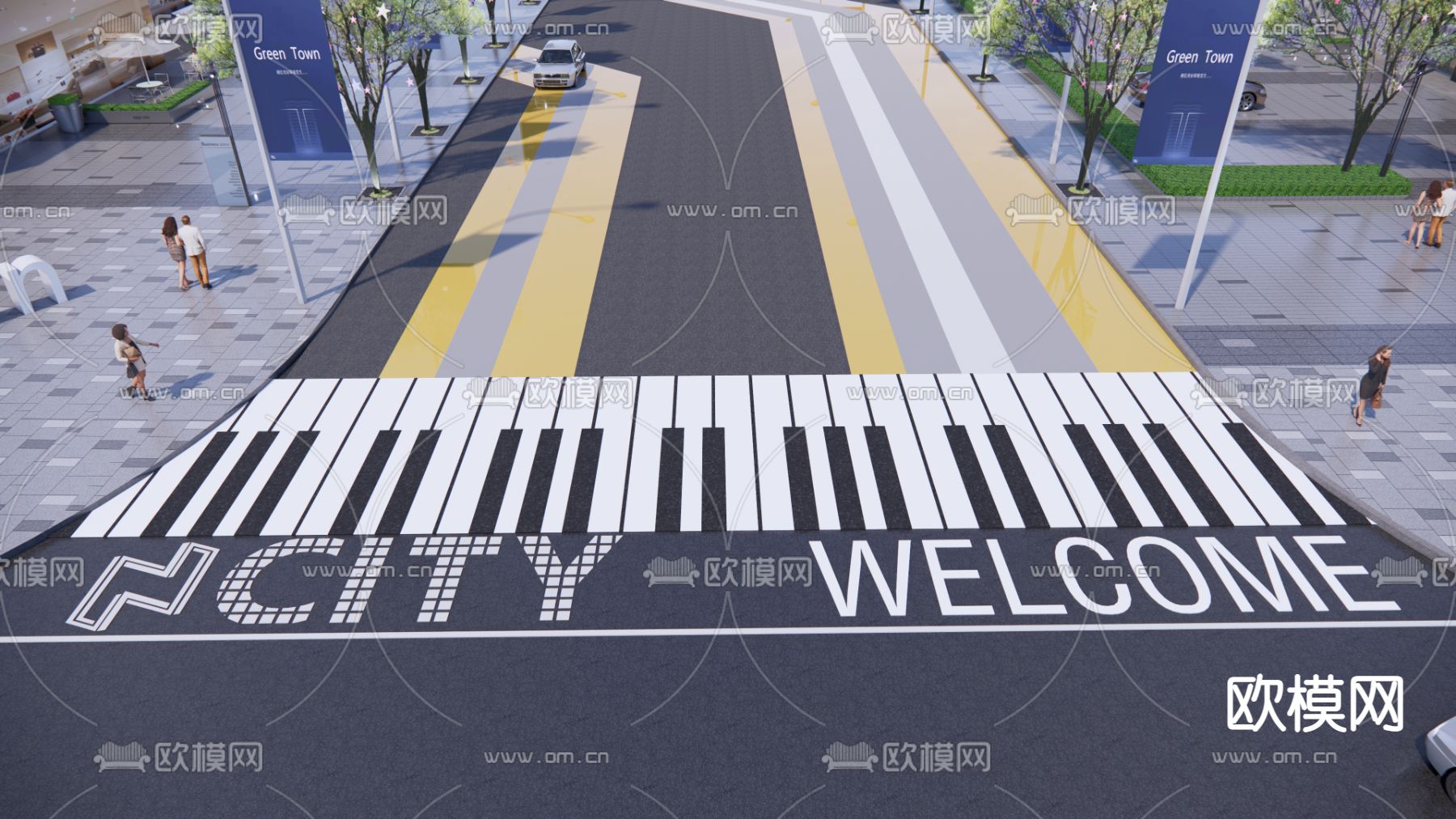 现代市政道路标线铺装斑马线su模型下载（渲染图2）