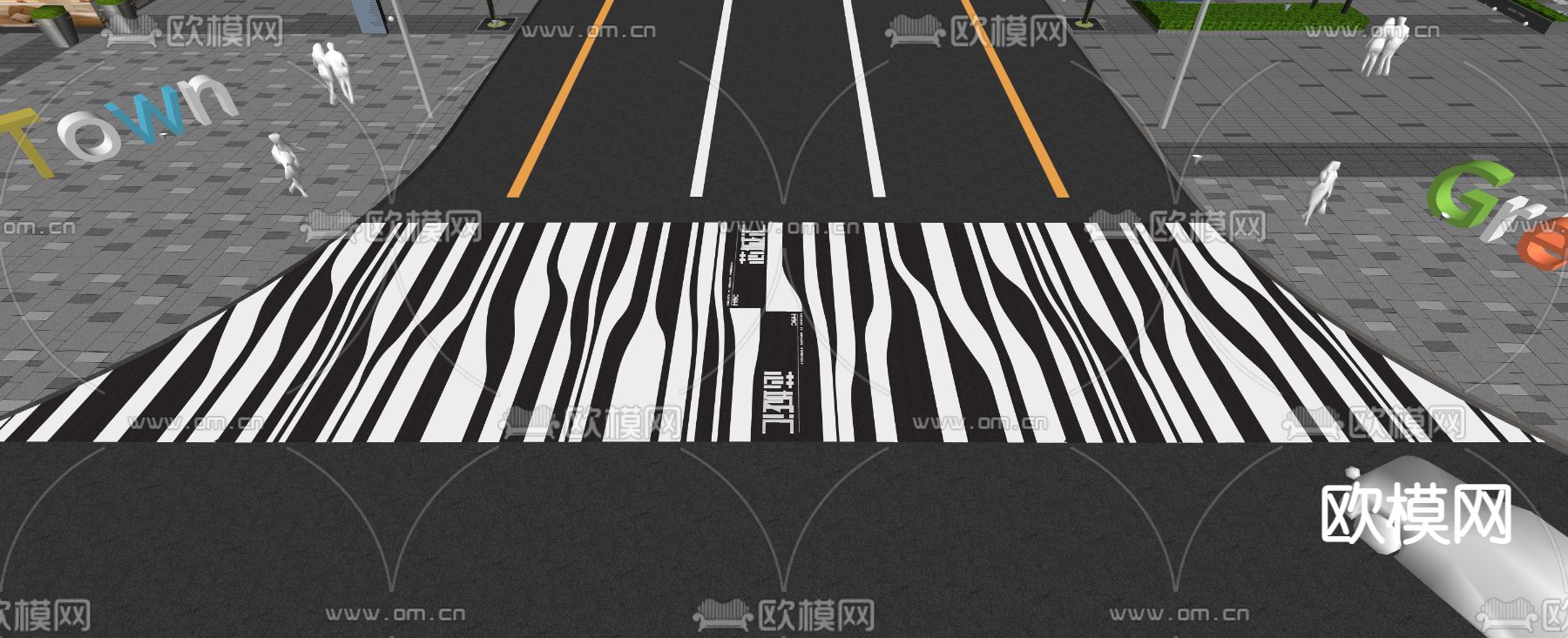 现代市政道路标线铺装斑马线su模型下载（渲染图3）