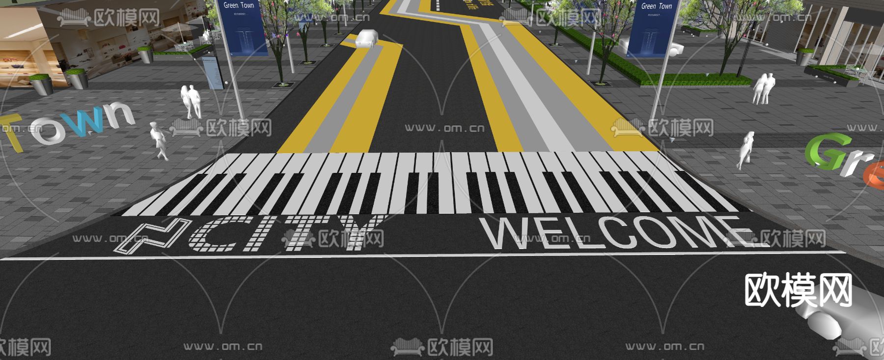 现代市政道路标线铺装斑马线su模型下载（渲染图3）