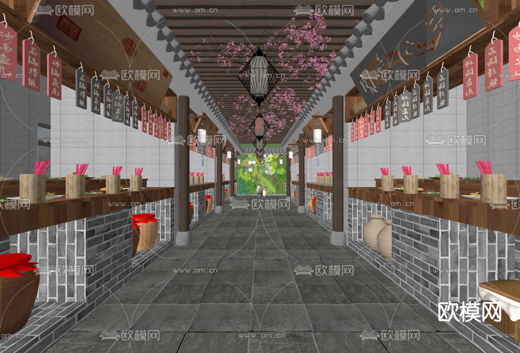 中式美食街su模型下载（渲染图2）