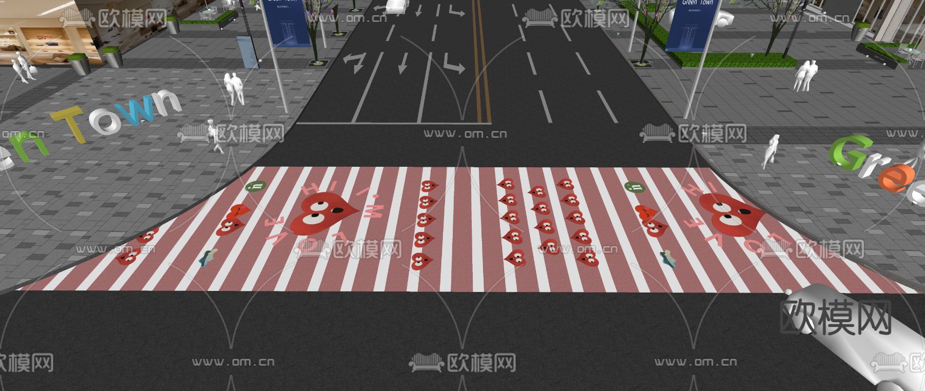 现代市政道路标线铺装斑马线su模型下载（渲染图2）