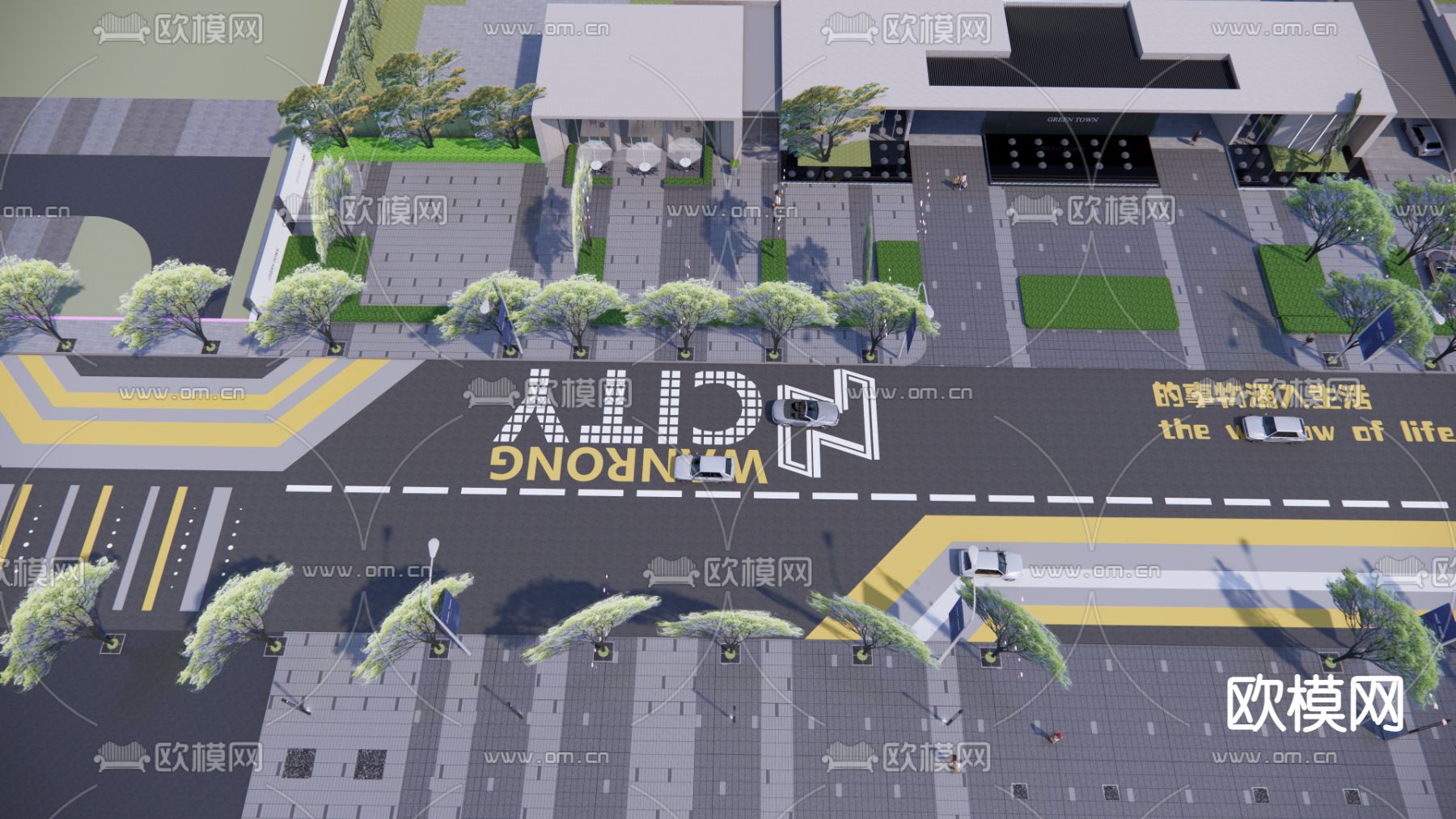 现代市政道路标线铺装斑马线su模型下载（渲染图1）