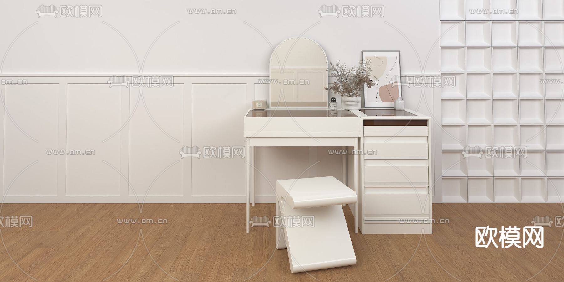 奶油风梳妆台 化妆桌3d模型下载