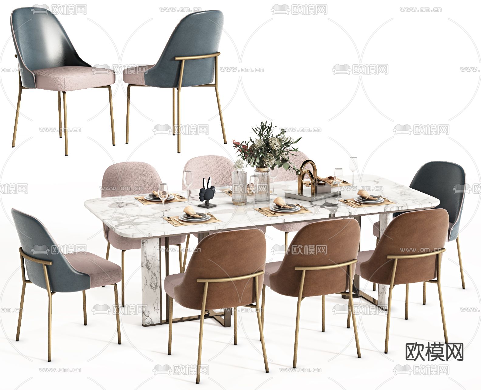 条形餐桌椅3d模型下载