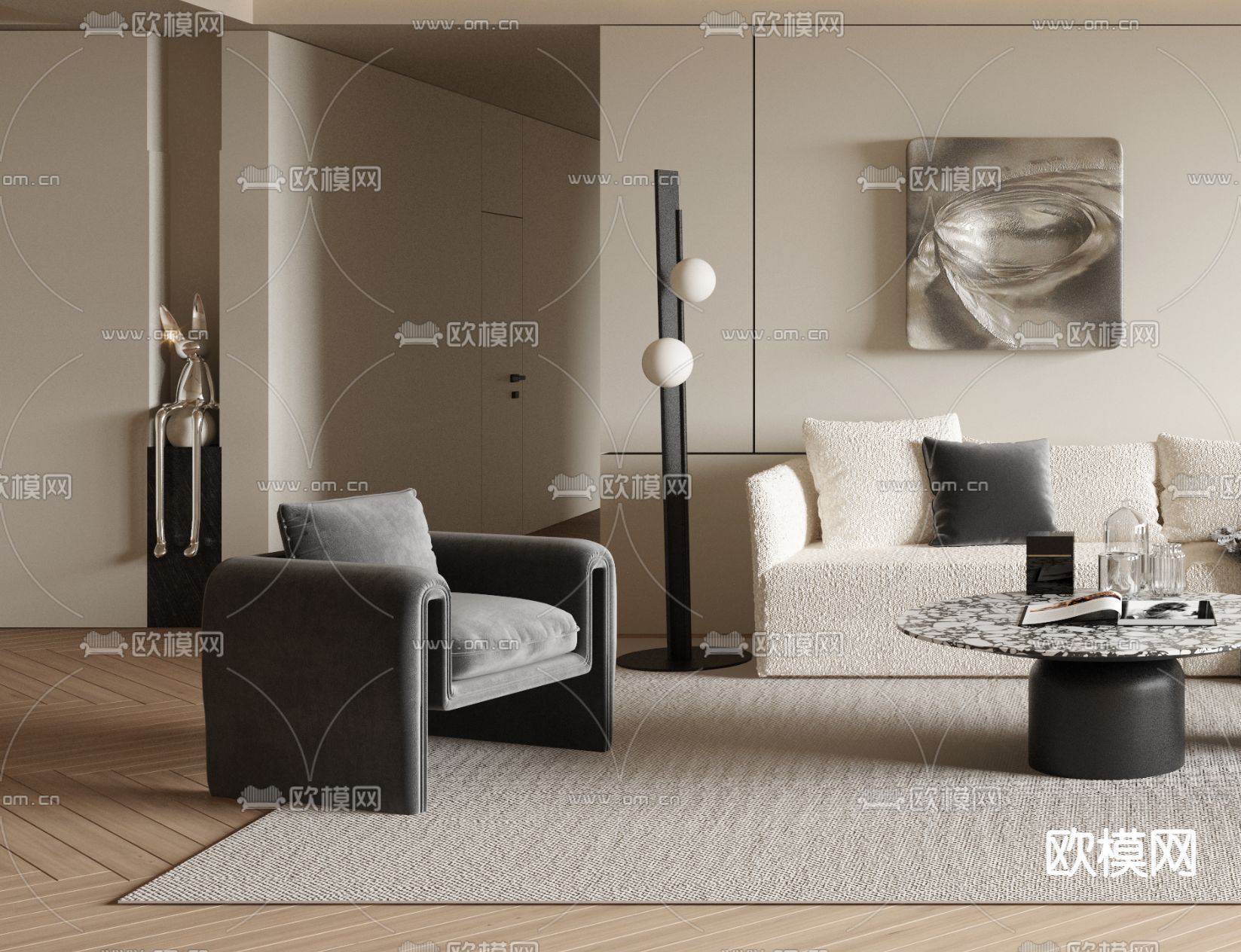 奶油风客厅3d模型下载（渲染图2）