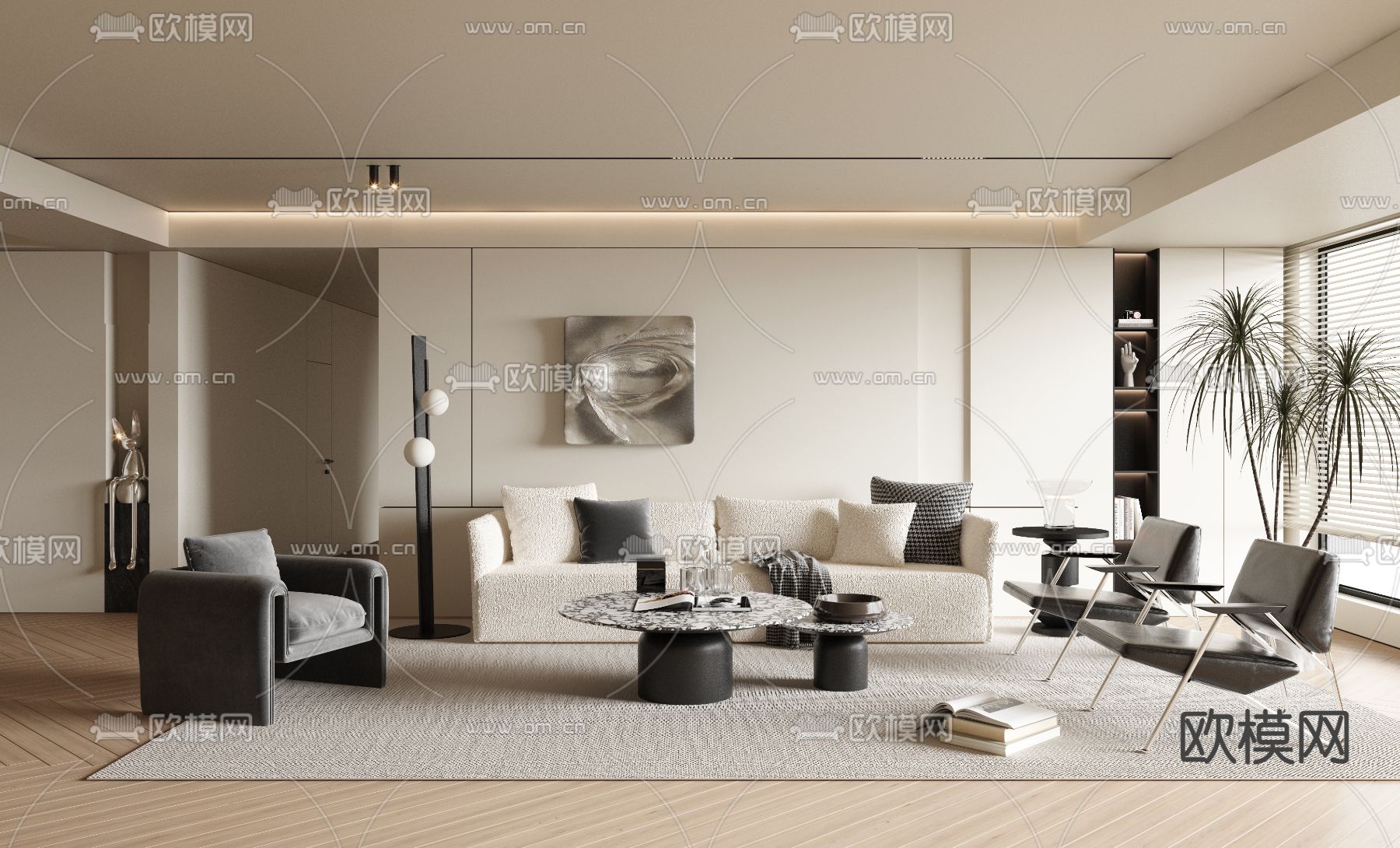 奶油风客厅3d模型下载（渲染图1）