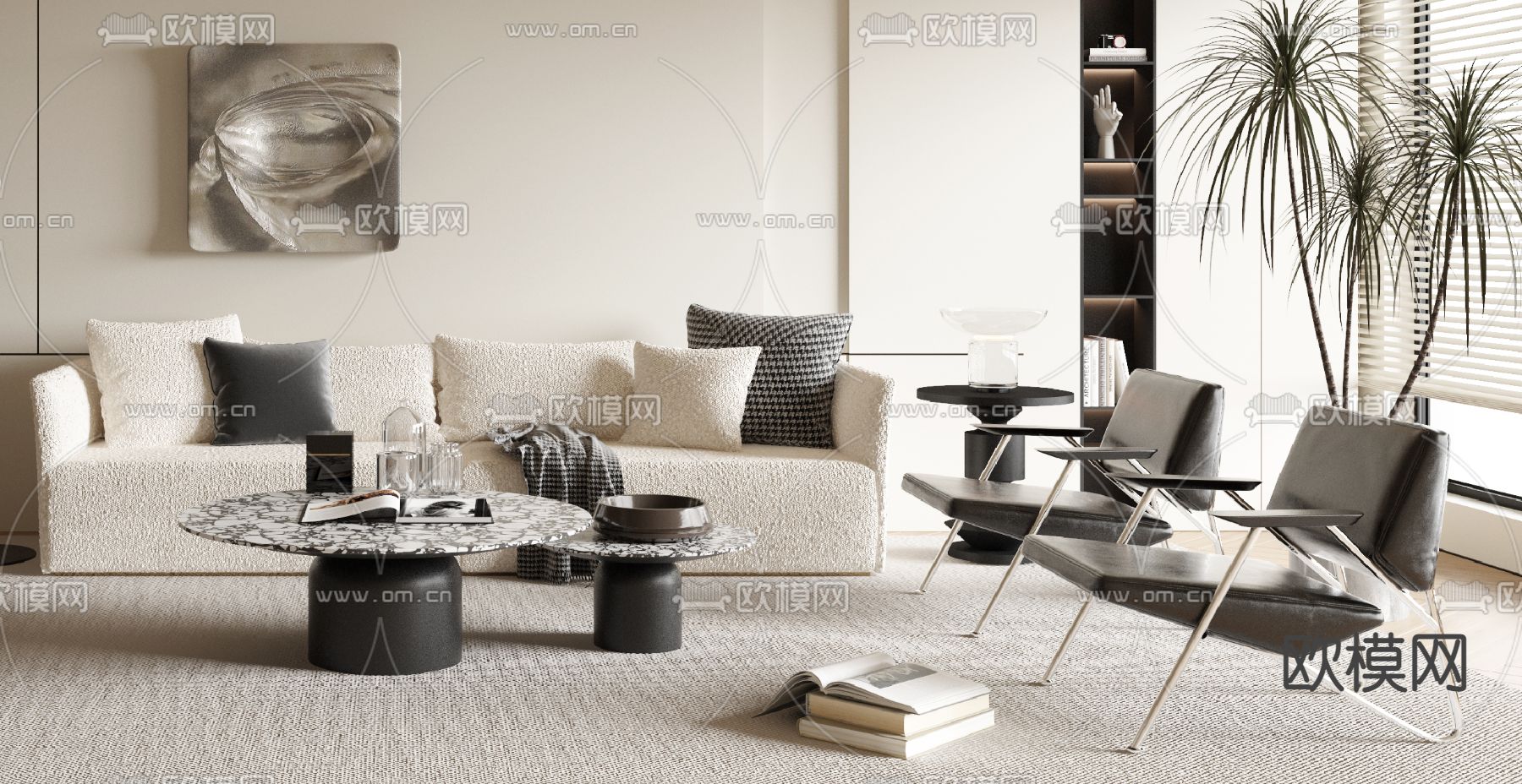 奶油风客厅3d模型下载（渲染图3）