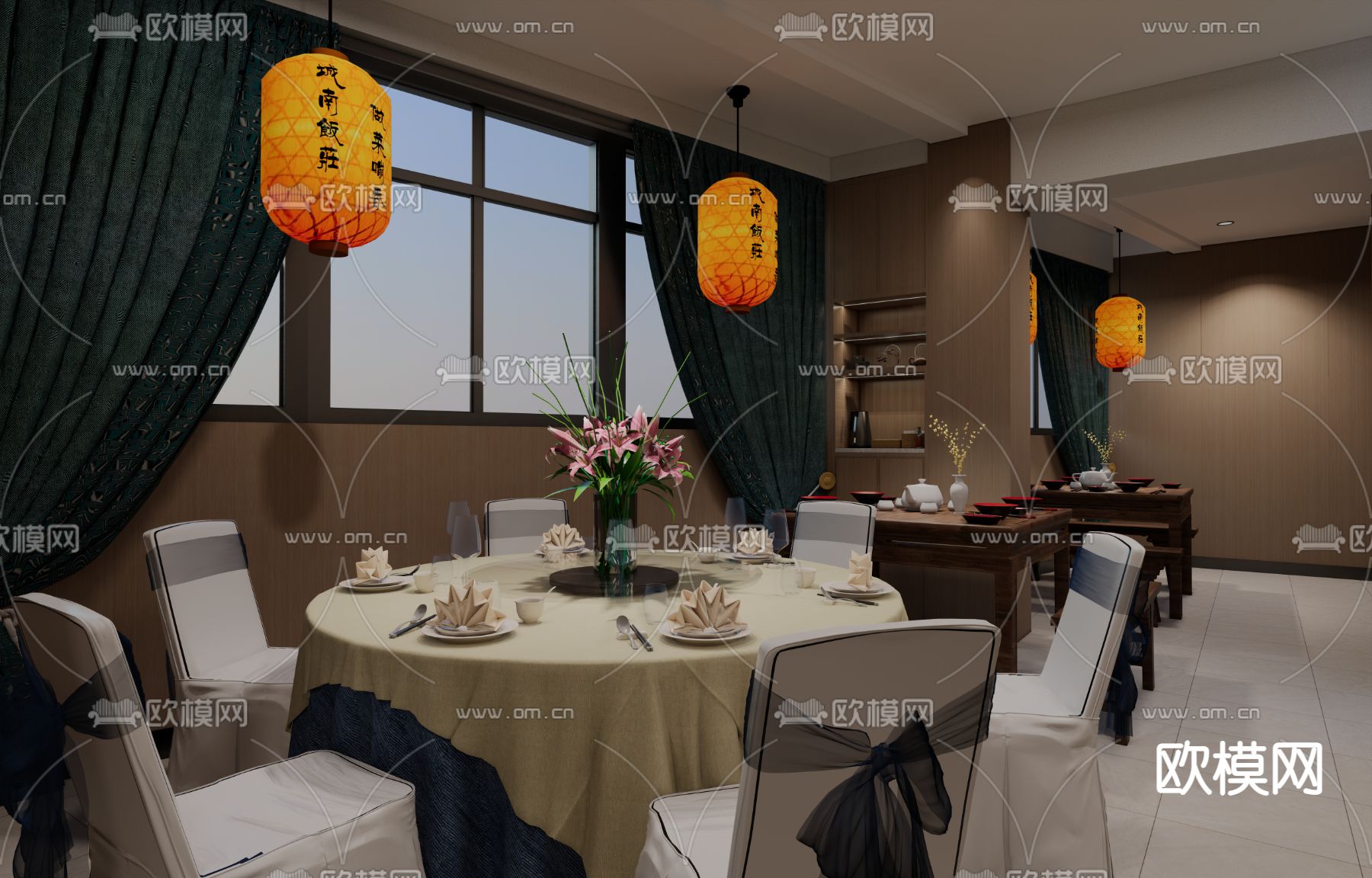 新中式中餐厅su模型下载（渲染图2）