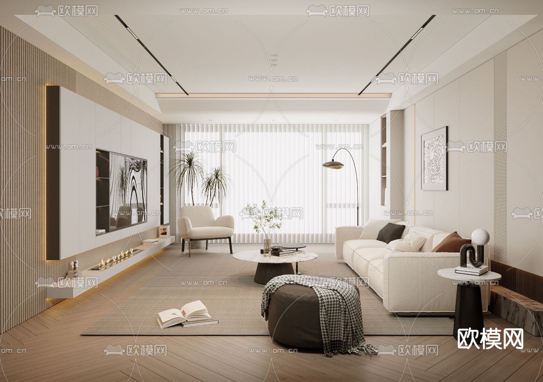 奶油风客厅3d模型下载（渲染图1）