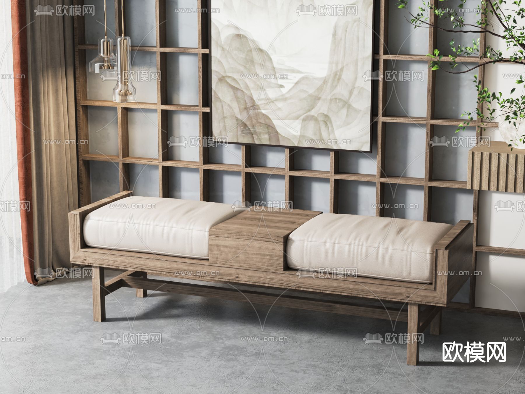 新中式沙发凳su模型下载（渲染图1）