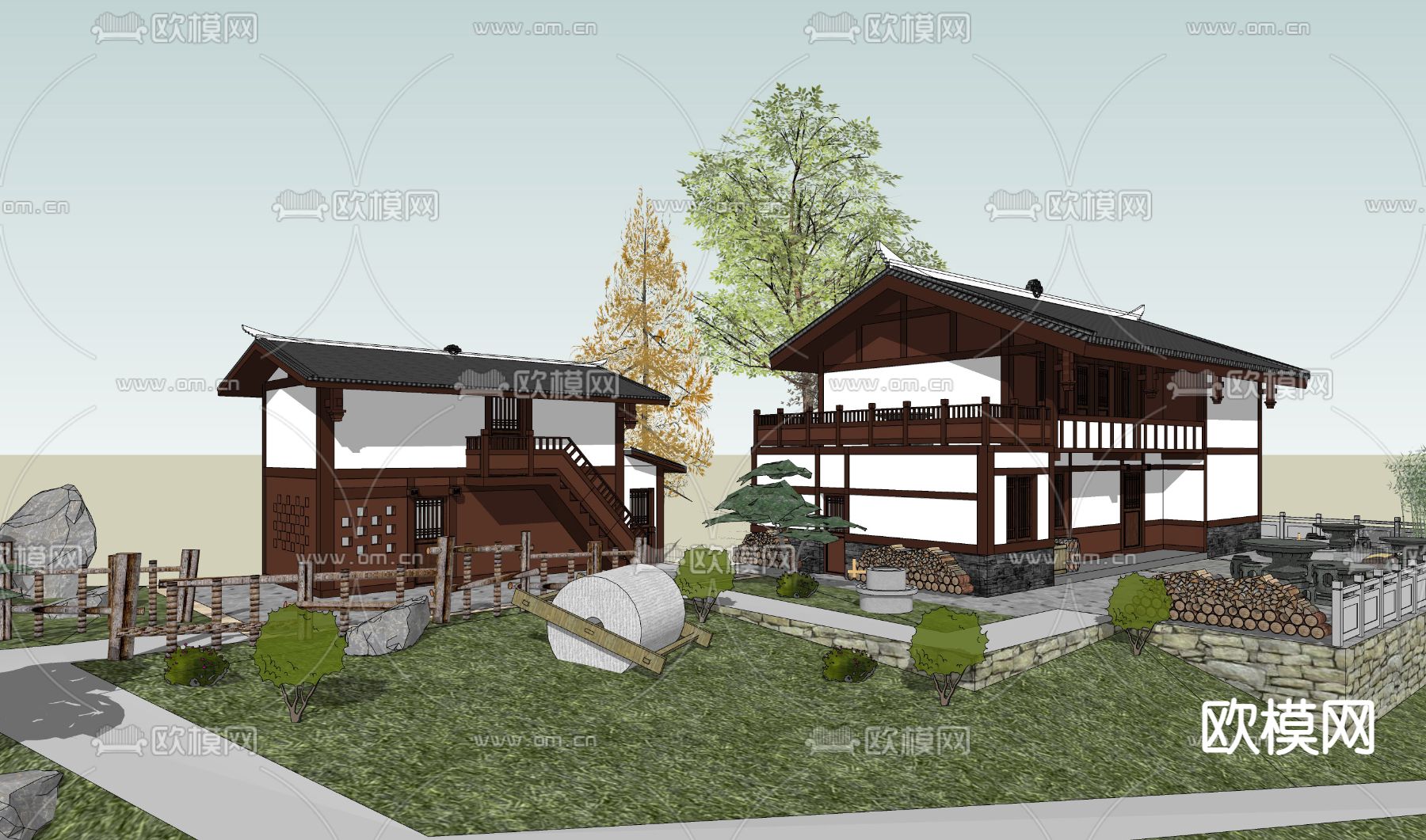 乡村民居院落su模型下载（渲染图1）
