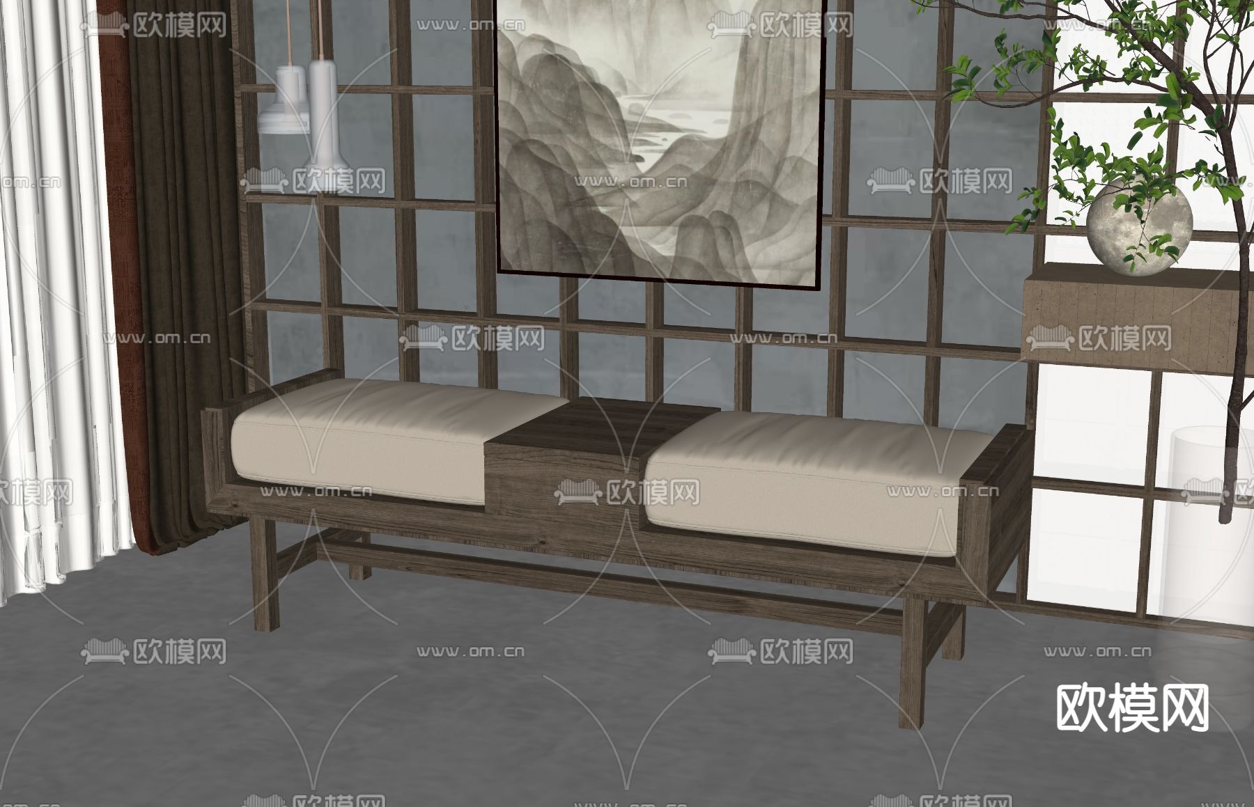 新中式沙发凳su模型下载（渲染图2）