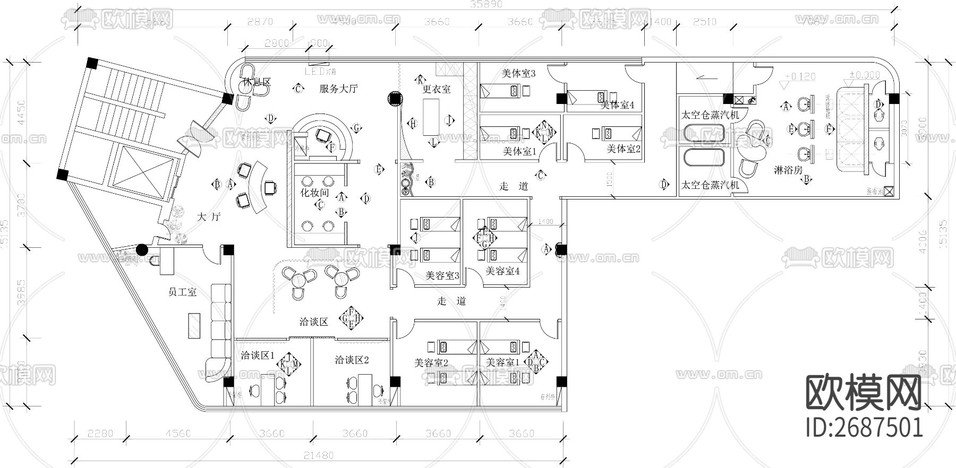 美容院休閑會所CAD施工圖下載(渲染圖2)