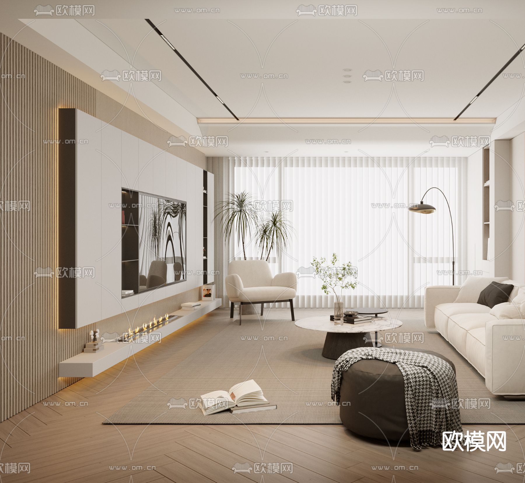 奶油风客厅3d模型下载（渲染图2）